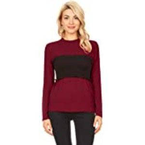 SIMLU New XL 10-12 Stretch Lace smocked Tee burgundy/black long sleeves